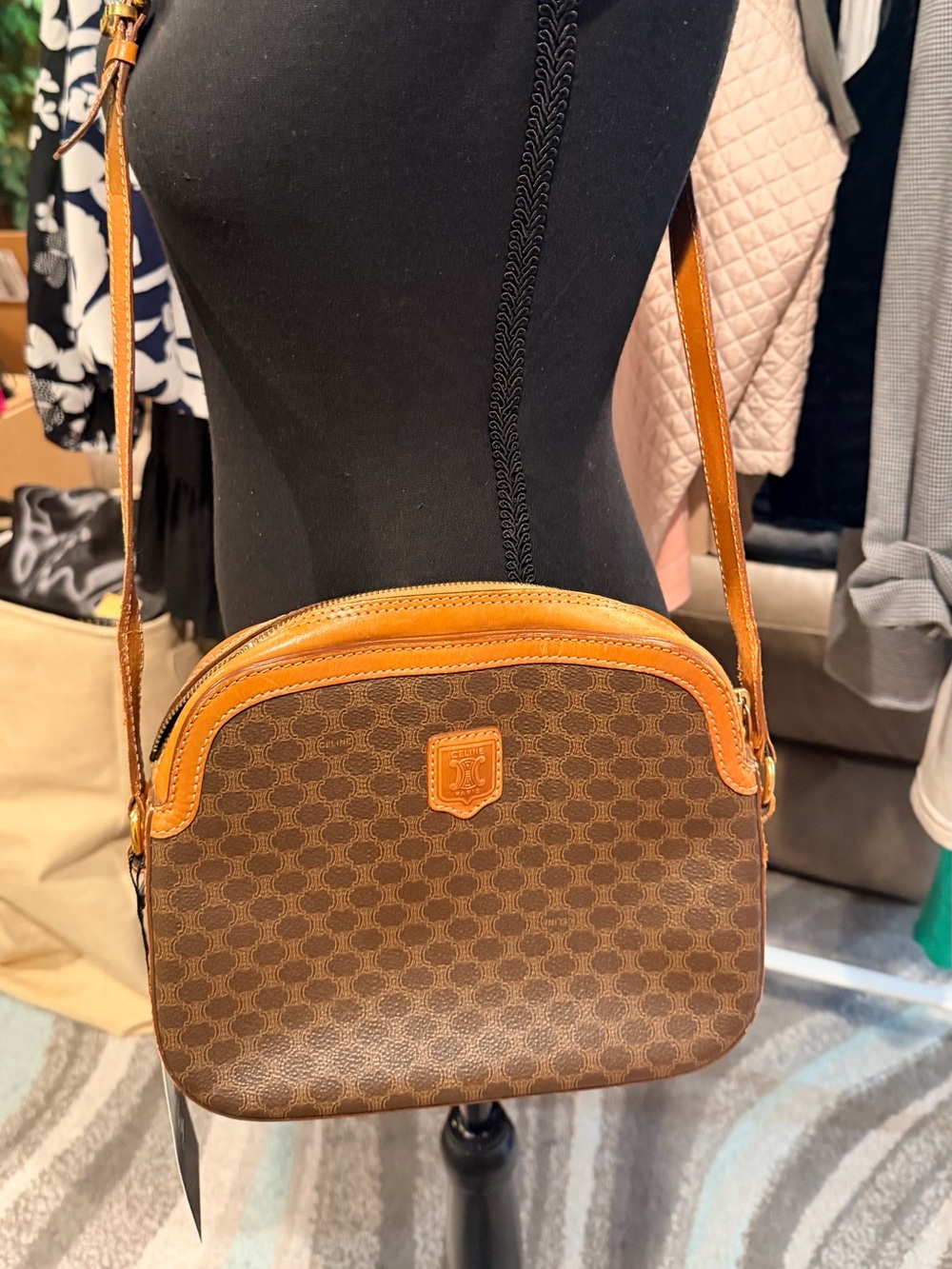 Celine Brown Monogram Crossbody with Tan Leather Trim VINTAGE